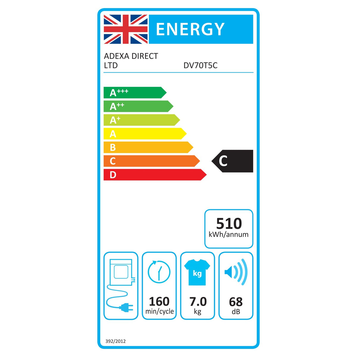 Tumble Dryer 7kg Front Load with LED Display 555x595x850mm - DV70T5C