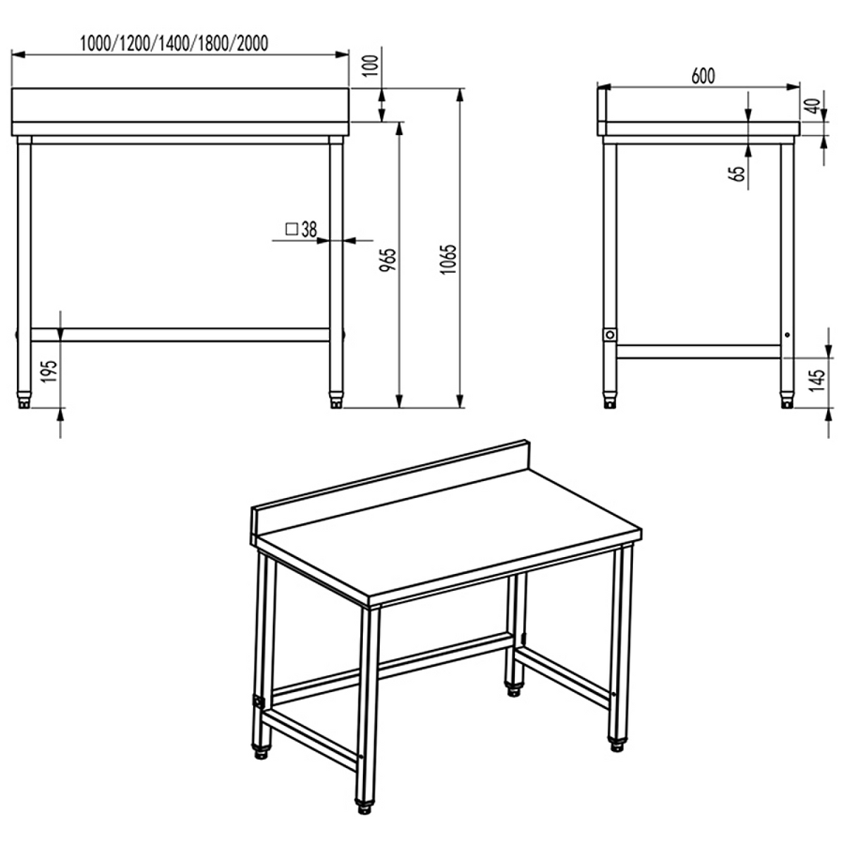 Professional Work table Stainless steel No bottom shelf Upstand 1400x600x965mm - DW6140