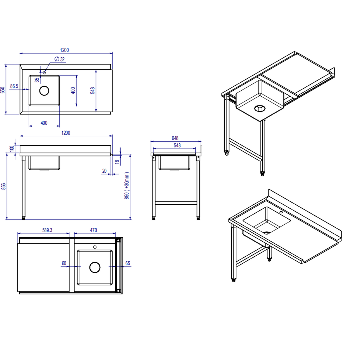 Loading table Left side 1200x650x850mm With sink With splashback Stainless steel - DWITA1265L