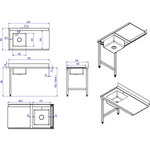 Loading table Left side 1200x650x850mm With sink With splashback Stainless steel - DWITA1265L