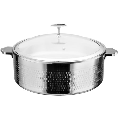 Hammered Tri‑Ply Stainless Steel 9.6L Casserole Φ320×H120mm with Glass Lid & Ceramic Food Pan – Silver Finish - E0312001M