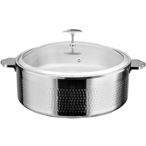 Hammered Triple-Layer Stainless Steel 9.6L Casserole Φ320×H120mm with Glass Lid – Silver Finish - E0312001