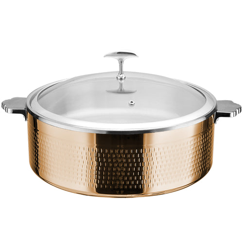 Hammered Triple-Layer Stainless Steel 9.6L Casserole Φ320×H120mm with Glass Lid – Copper Finish - E0312010