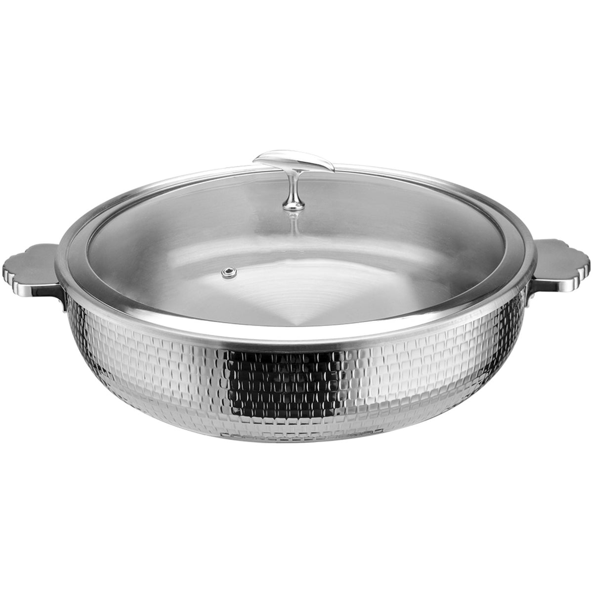 Hammered Triple‑Layer Stainless Steel 7.2L Casserole Φ320×H90mm with Glass Lid – Silver Finish - E0312200