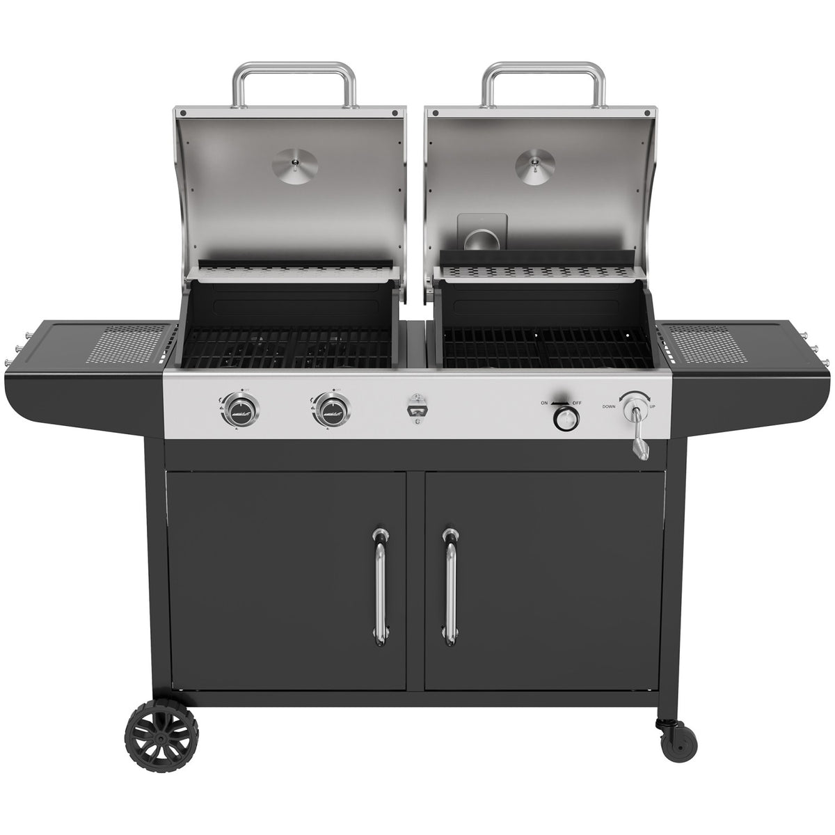 Commercial Gas & Charcoal Combo BBQ Grill with Double Hood, Cabinet & Side Shelves 1625×685×1230mm - E42ZJ10S42M00T00ZT
