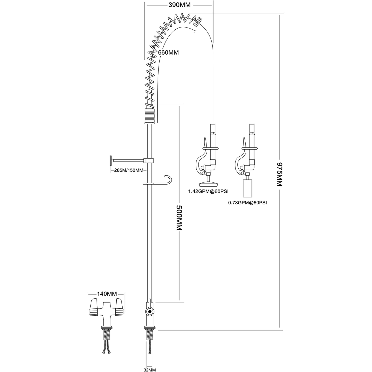 Pre Rinse Spray Unit Deck mount Double inlet Height 1000mm Stainless steel - EQ2801A