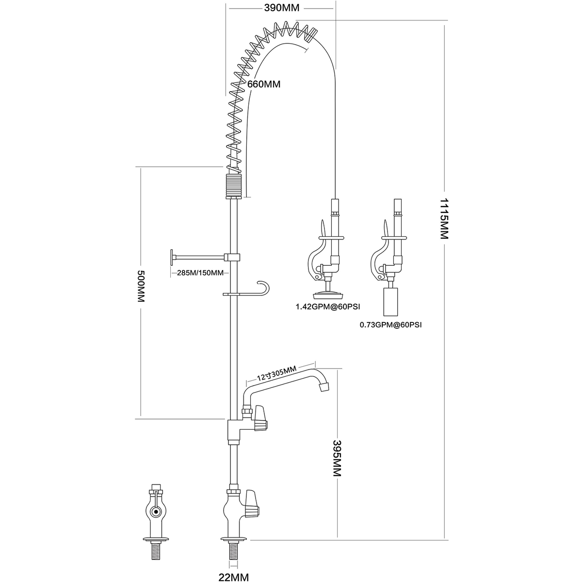 Pre Rinse Spray Unit with Swing faucet Deck mount Single inlet Height 1000mm Stainless steel - EQ2803A12