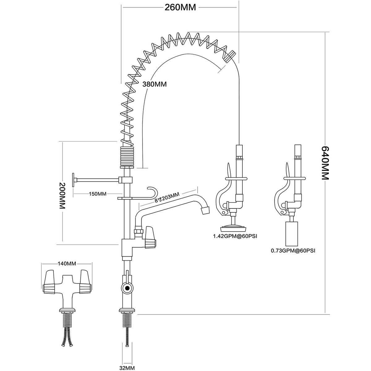 Pre Rinse Spray Unit with Swing faucet Deck mount Double inlet Height 600mm Stainless steel - EQ7801A08