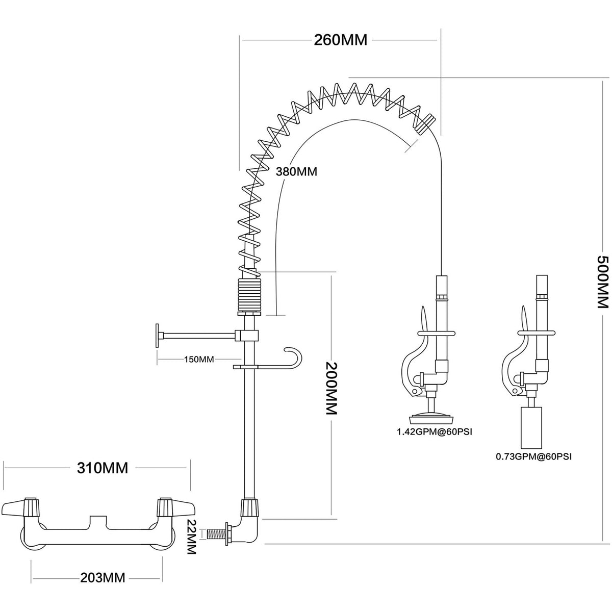 Pre Rinse Spray Unit Wall mount Double inlet Height 500mm Stainless steel - EQ7802A