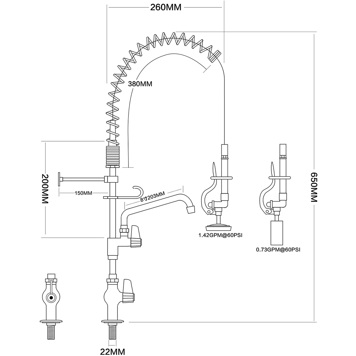 Pre Rinse Spray Unit with Swing faucet Deck mount Single inlet Height 600mm Stainless steel - EQ7803A08