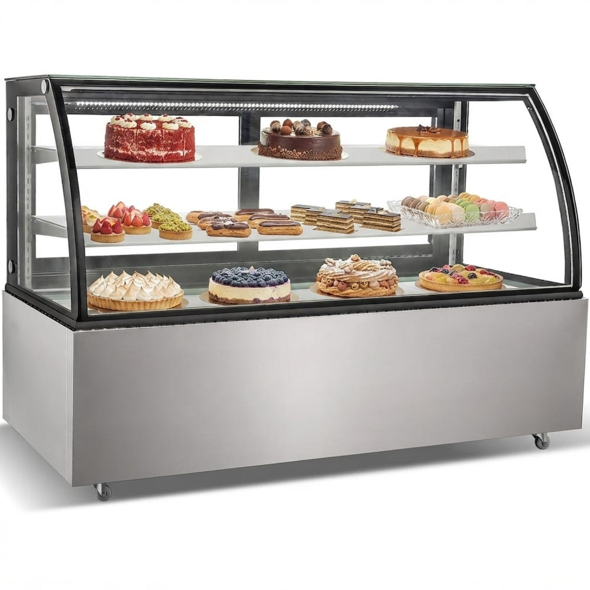 Cake counter Curved front 1500x730x1200mm 2 shelves Stainless steel base LED - GN1500CF2