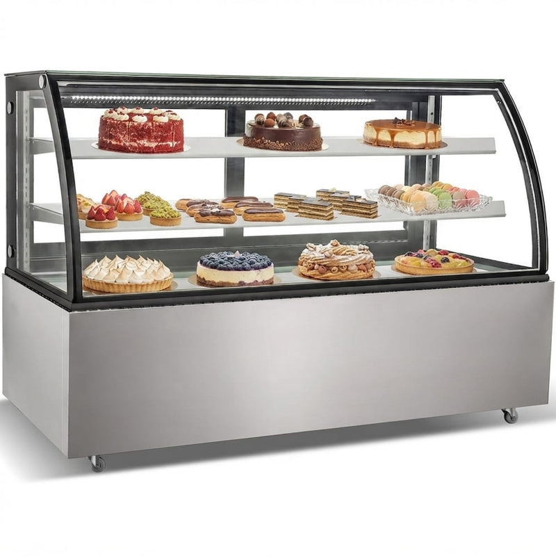 Cake counter Curved front 1500x730x1200mm 2 shelves Stainless steel base LED - GN1500CF2