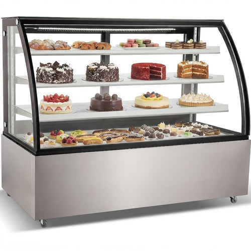 Cake counter Curved front 1500x730x1300mm 3 shelves Stainless steel base LED - GN1500CF3