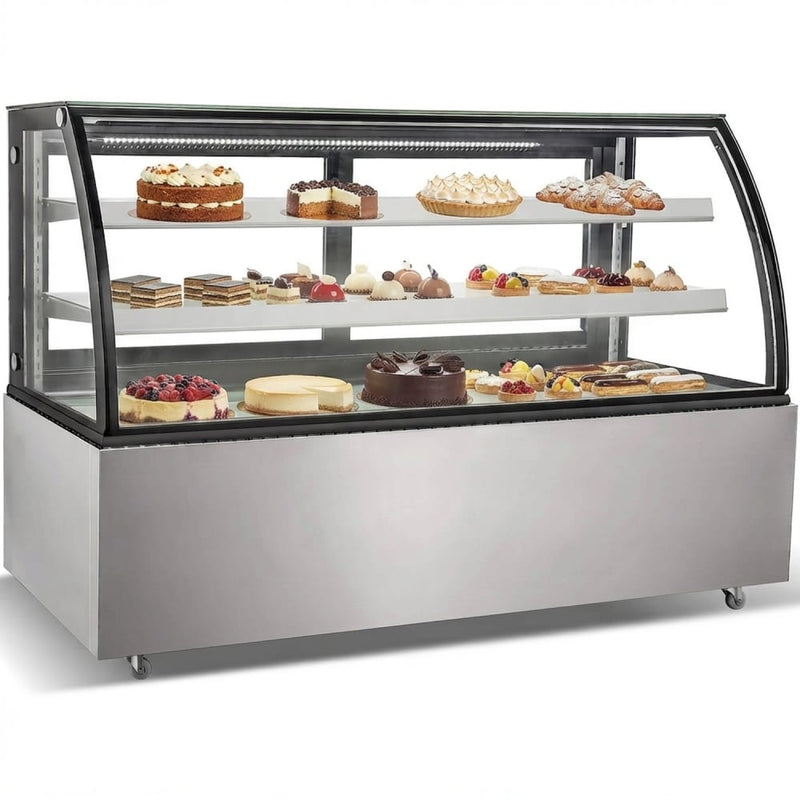 Cake counter Curved front 1800x730x1200mm 2 shelves Stainless steel base LED - GN1800CF2