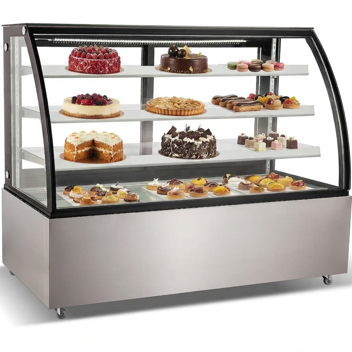 Cake counter Curved front 1800x730x1300mm 3 shelves Stainless steel base LED - GN1800CF3