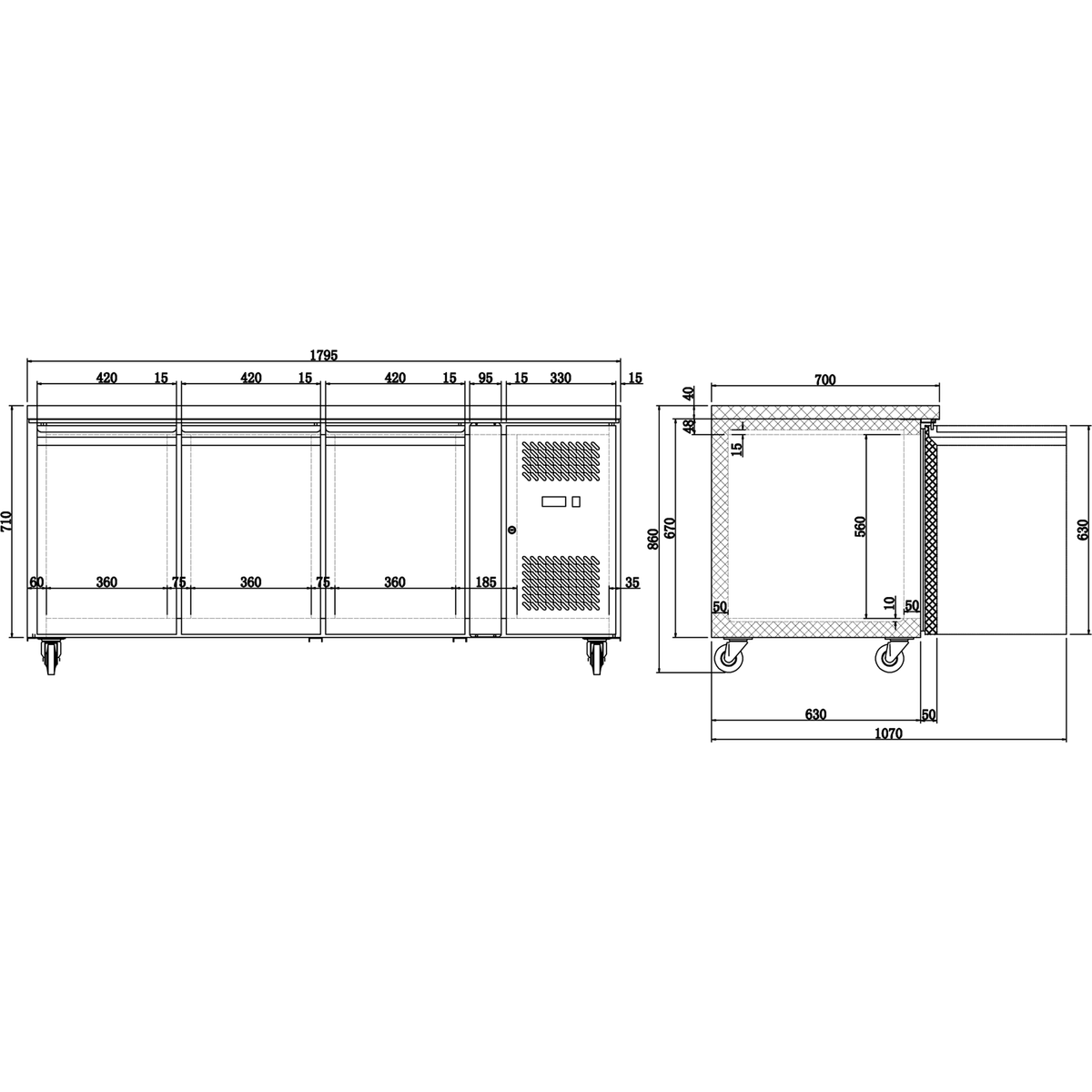 Commercial Freezer counter Ventilated 3 doors Depth 700mm - THP3100BT