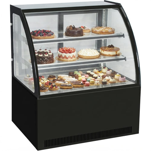 Cake counter Curved front 900x700x1200mm 2 shelves Black base LED - GN900C2BLACK