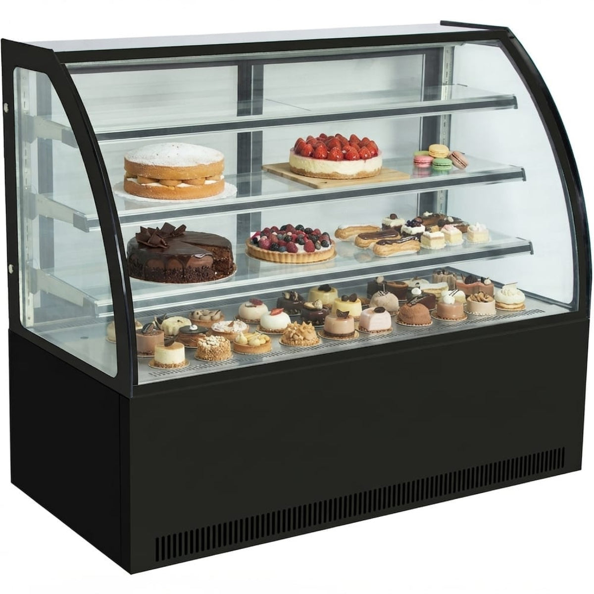Cake counter Curved front 900x730x1300mm 3 shelves Black base LED - GN900C3BLACK