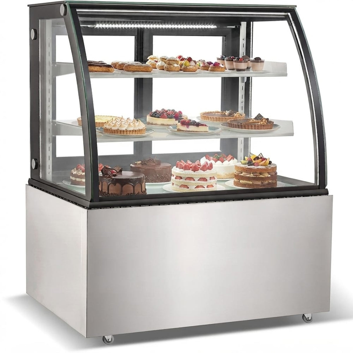 Cake counter Curved front 900x700x1200mm 2 shelves Stainless steel base LED - GN900CF2