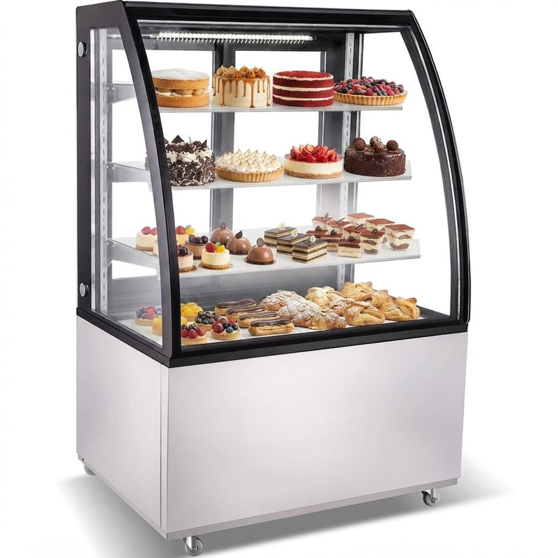 Cake counter Curved front 900x730x1300mm 3 shelves Stainless steel base LED - GN900CF3