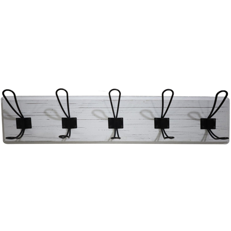 Rustic Wall Mounted 24" (610mm) Coat Rack with 5 Rustic Hooks Solid Pine Wood Whitewash - GWA314