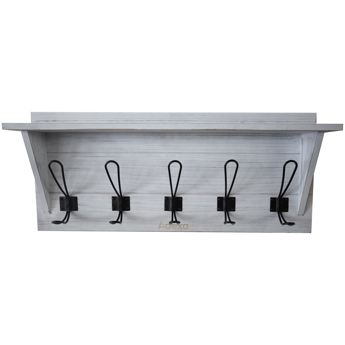 Rustic Wall Mounted 24" (610mm) Coat Rack Shelf with 5 Rustic Hooks Solid Pine Wood Whitewash - GWA320
