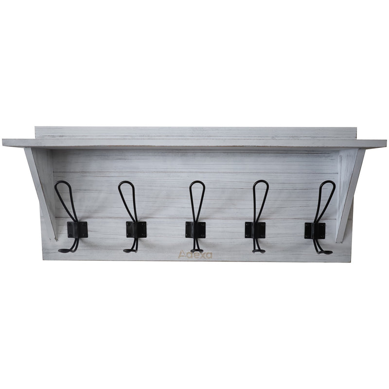 Rustic Wall Mounted 24" (610mm) Coat Rack Shelf with 5 Rustic Hooks Solid Pine Wood Whitewash - GWA320