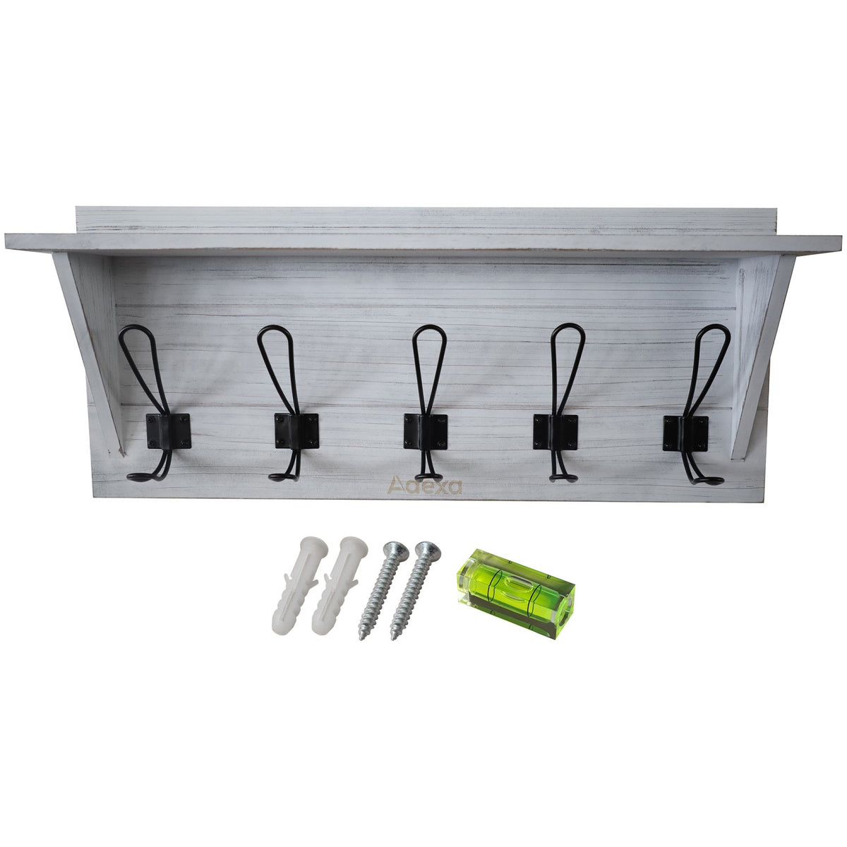 Rustic Wall Mounted 24" (610mm) Coat Rack Shelf with 5 Rustic Hooks Solid Pine Wood Whitewash - GWA320