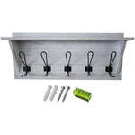 Rustic Wall Mounted 24" (610mm) Coat Rack Shelf with 5 Rustic Hooks Solid Pine Wood Whitewash - GWA320
