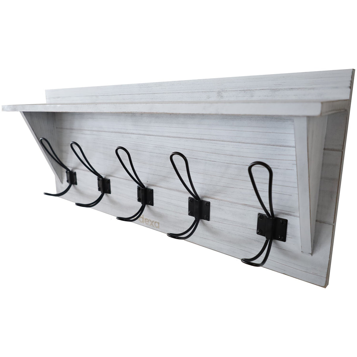 Rustic Wall Mounted 24" (610mm) Coat Rack Shelf with 5 Rustic Hooks Solid Pine Wood Whitewash - GWA320