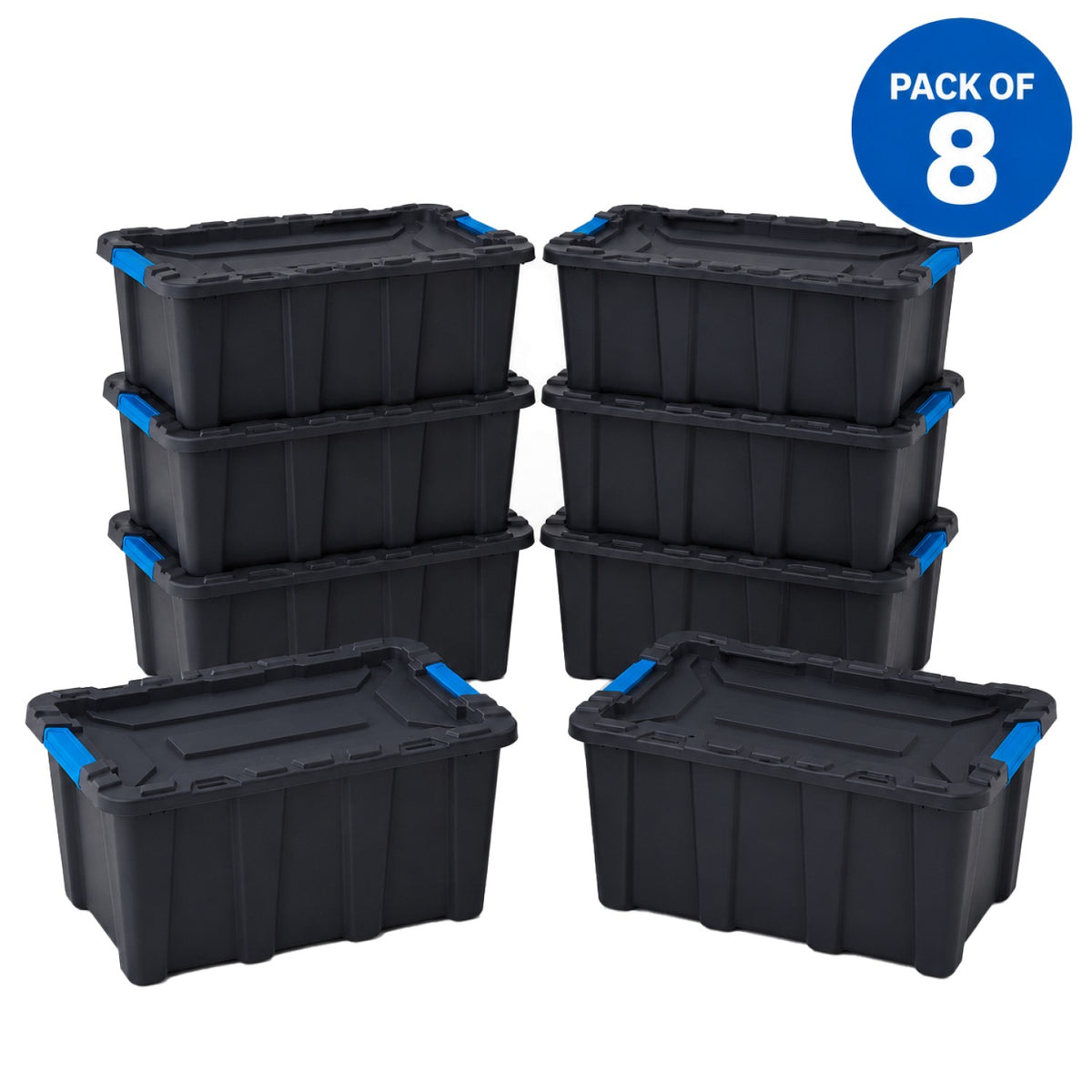 Pack of 8 Plastic Storage Box with Lid 55 litre 590x385x385mm Polypropylene - H0055K