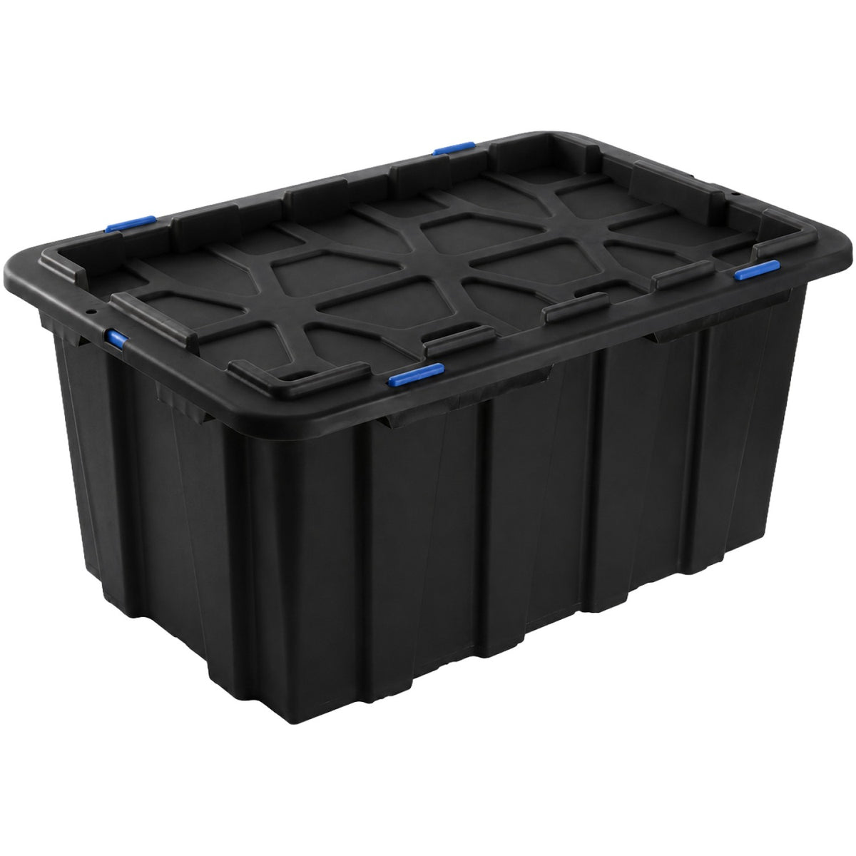 Commercial 100L Plastic Storage Box with Snap Lid Set of 6 PP Black with Blue Clips 750 x 515 x 380mm - H0100GGSETOF6