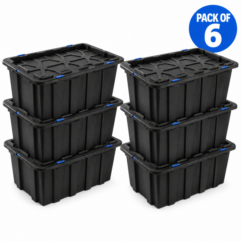 Commercial 100L Plastic Storage Box with Snap Lid Set of 6 PP Black with Blue Clips 750 x 515 x 380mm - H0100GGSETOF6