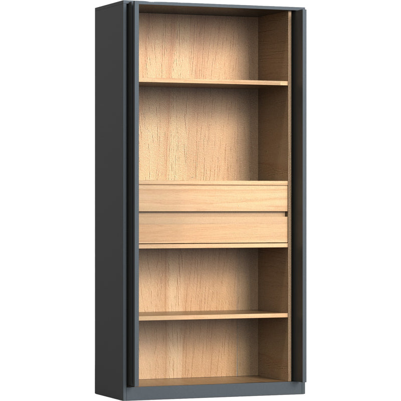 Professional Knock-Down Double Metal Storage Cabinet with Adjustable Door Position 2 Shelves & 2 Drawers Wooden Effect Dark Grey 800x485x1800mm - HDWCK05