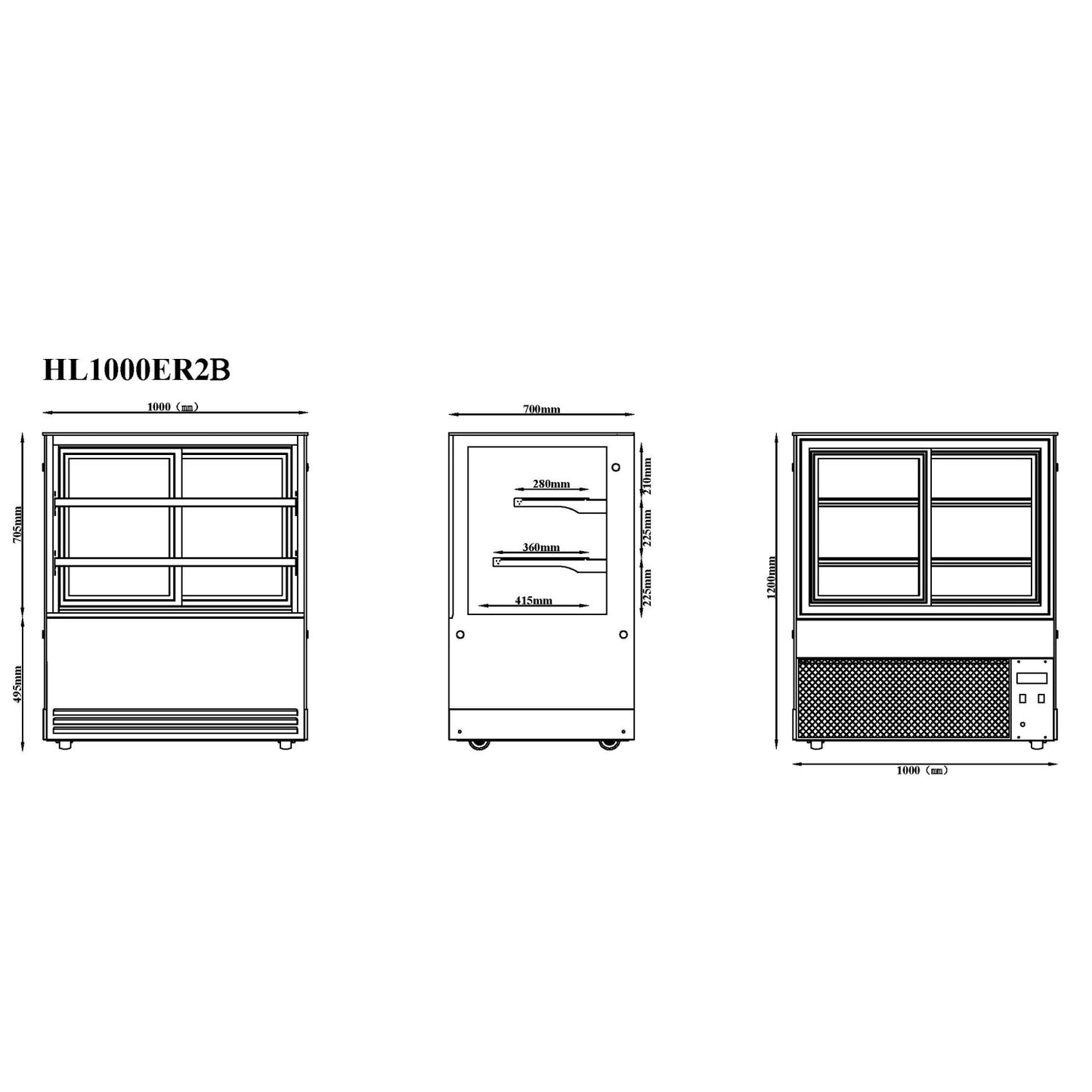 Cake Display Showcase 1000mm 2 Shelves Black - HL1000ER2B