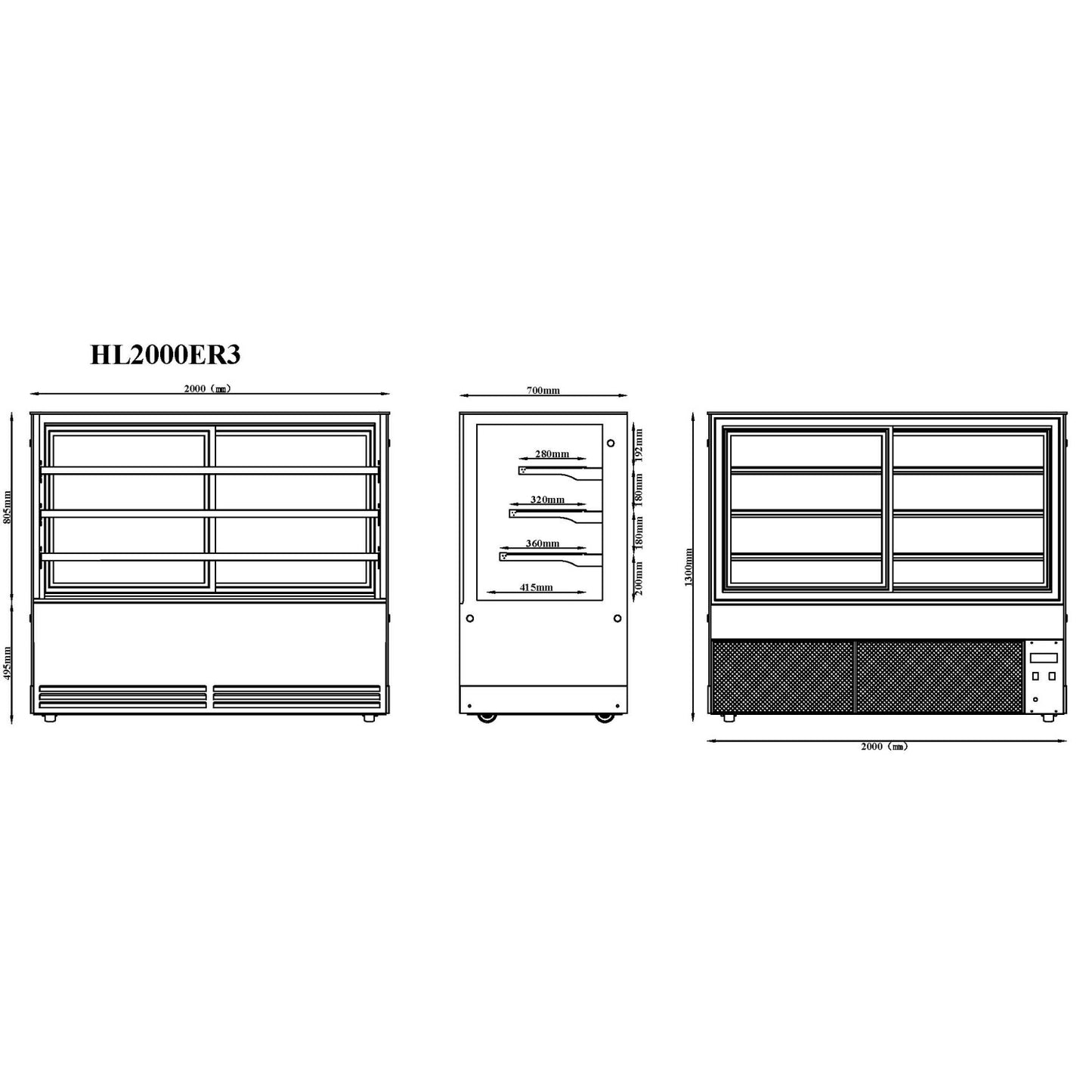 Cake Display Showcase 2000mm 3 Shelves Black & Stainless Steel - HL2000ER3