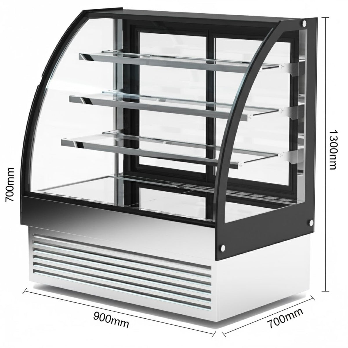 Curved Glass Cake Display Showcase 900mm 3 Shelves Black & Stainless Steel - HL900S3
