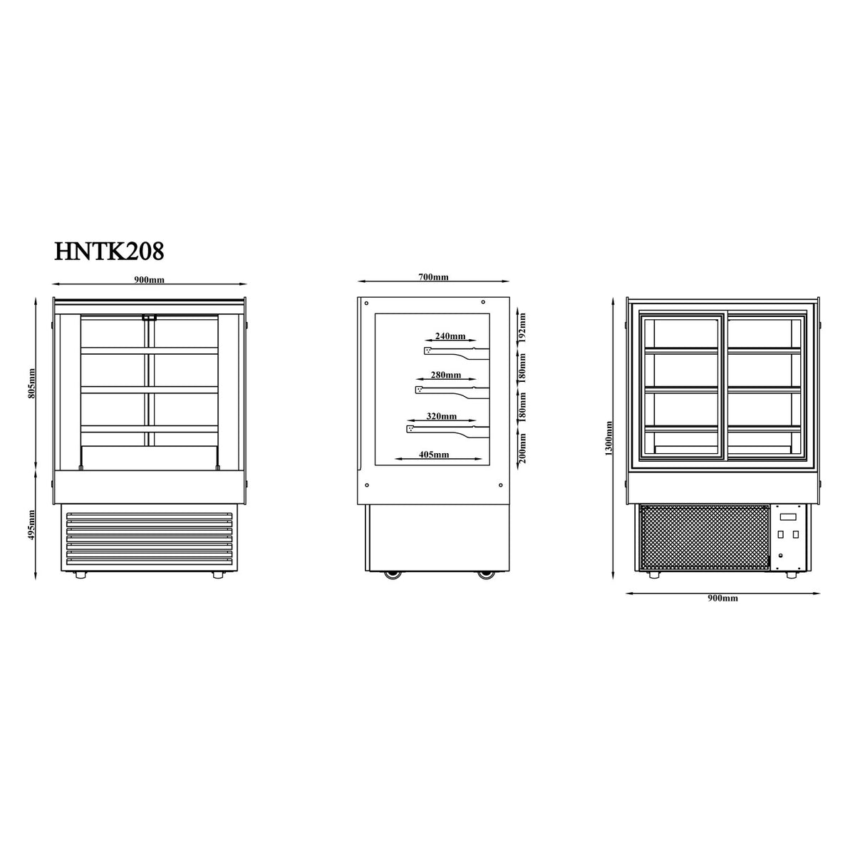 Commercial Upright Chilled Display Case 3 Glass Shelves 900x700x1300mm Black - HNTK208BLACK