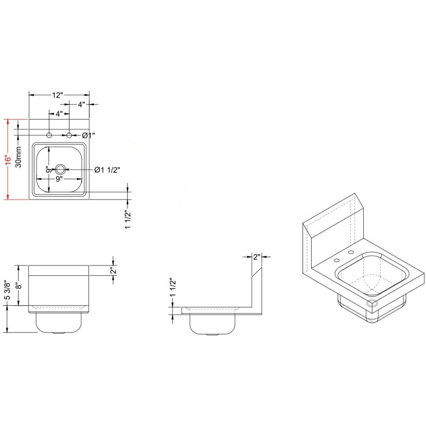 Wall mounted Hand Sink Wall mounted faucet Stainless steel - HS12