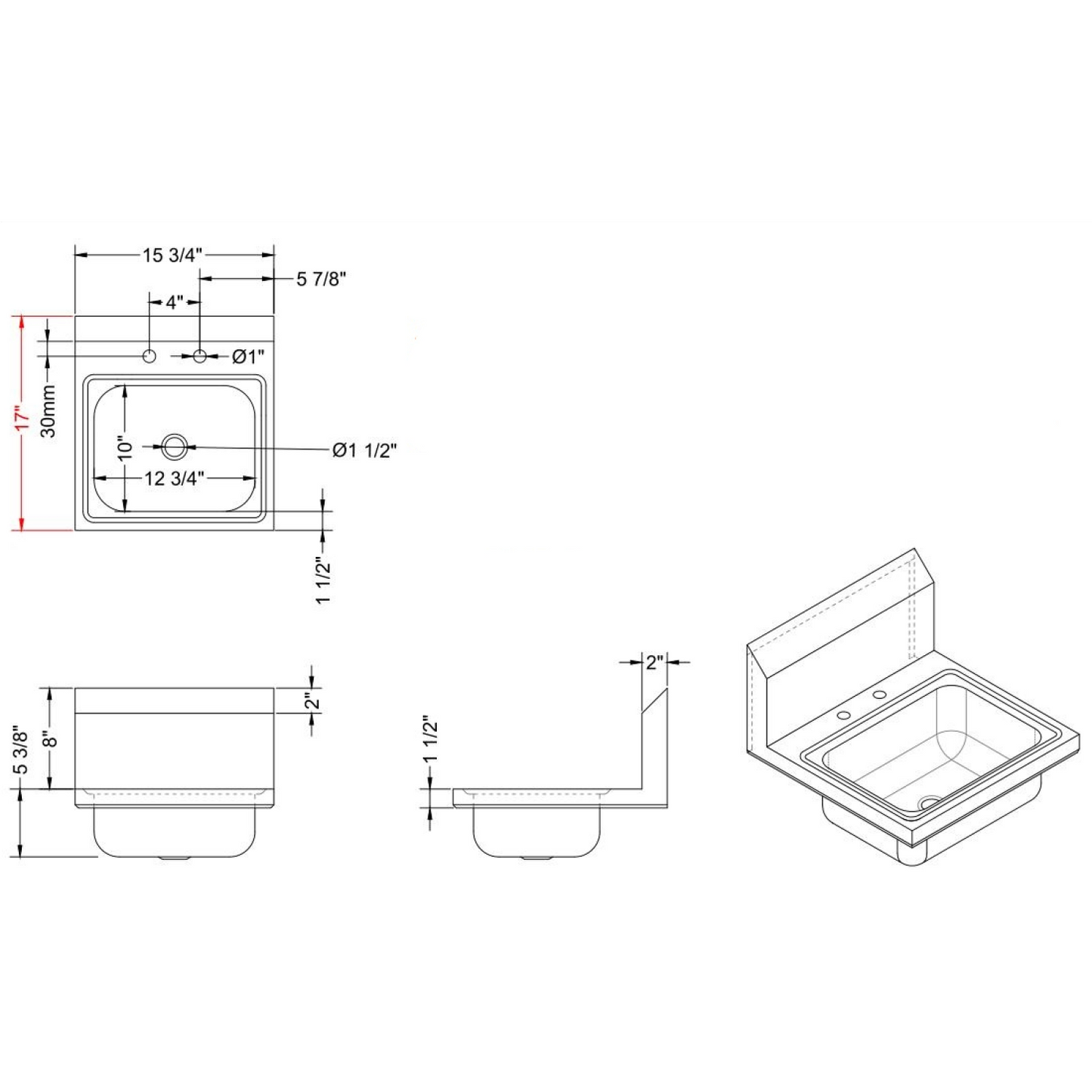 Wall mounted Hand Sink Deck mounted faucet Stainless steel - HS15DH
