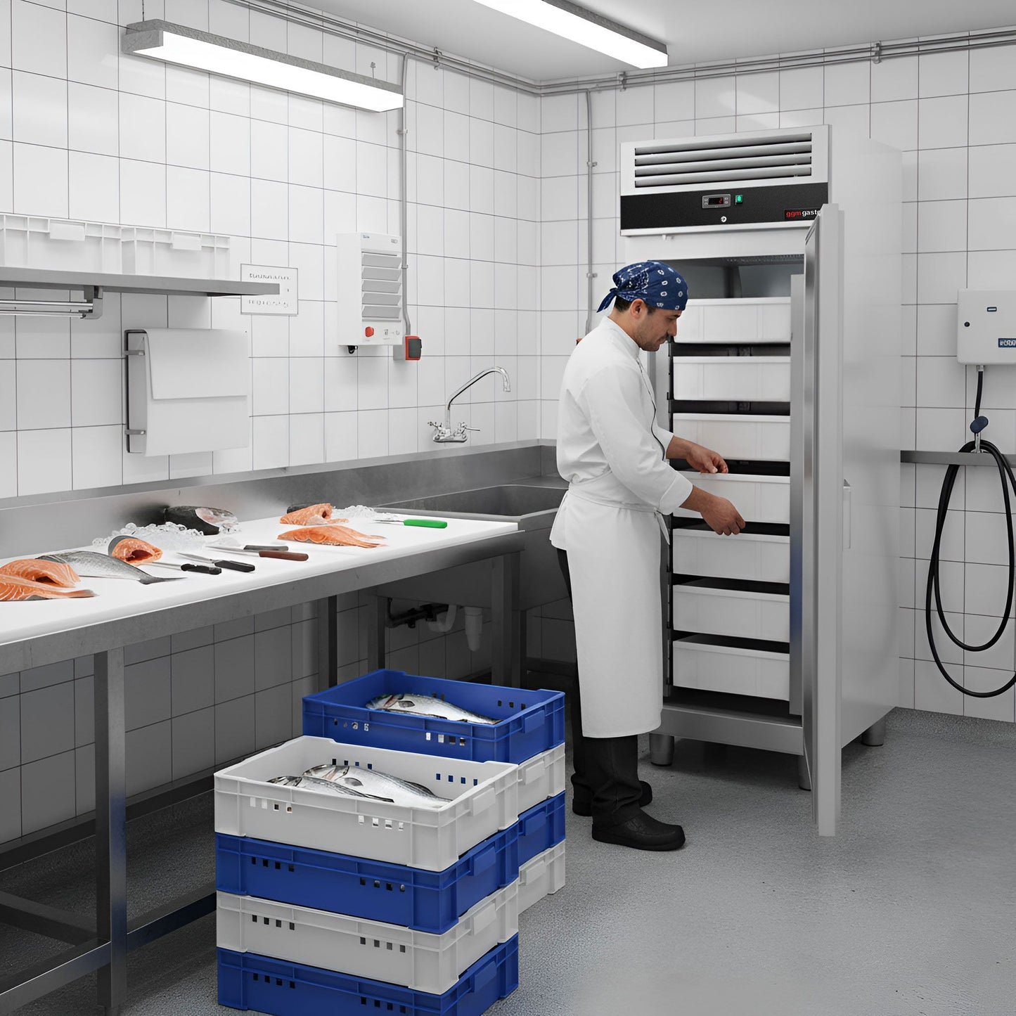 KFG530T1ND fish fridge in commercial kitchen setting 2