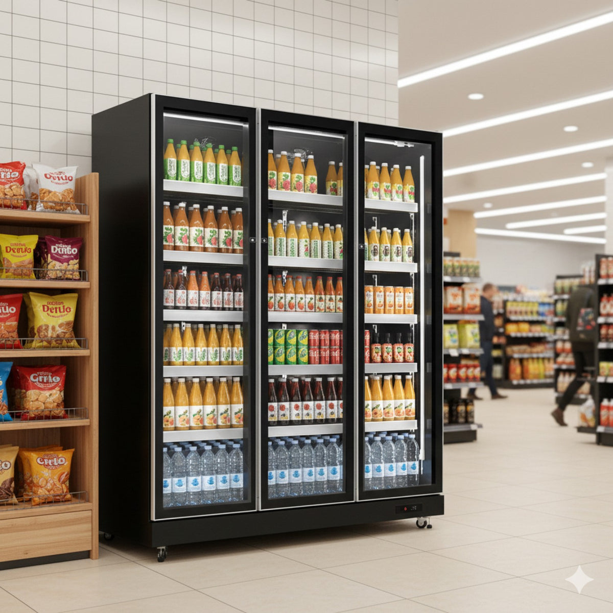 Commercial Upright Display Refrigerator 1050 Litres 3 Glass Doors 5 Shelves Ventilated Cooling 1650x600x1985mm - KOBE208