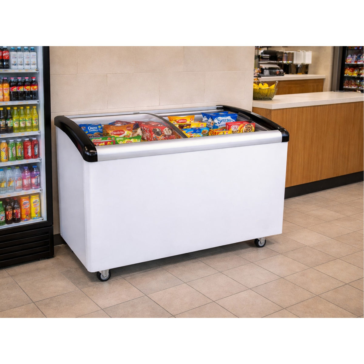 Commercial Horizontal Display Freezer with Baskets 365 Litres 2 Glass Doors Ventilated Cooling 1280x650x910mm - KOBE312