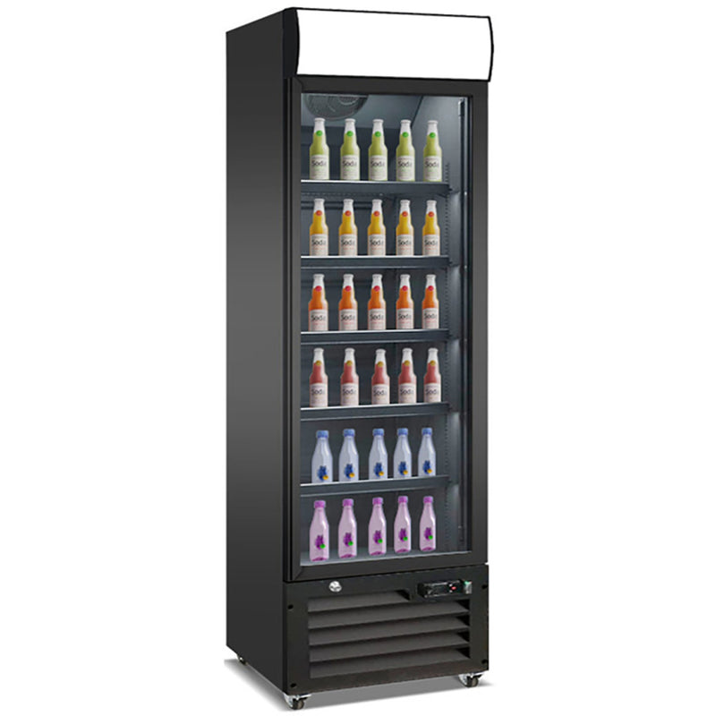 Commercial Bottle Cooler Upright 400 litres Single Glass Door with LED Canopy in Black - KXG400H