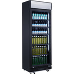 Adexa LG402DFBLACK 402L Commercial Upright Drink Cooler — front view with illuminated canopy