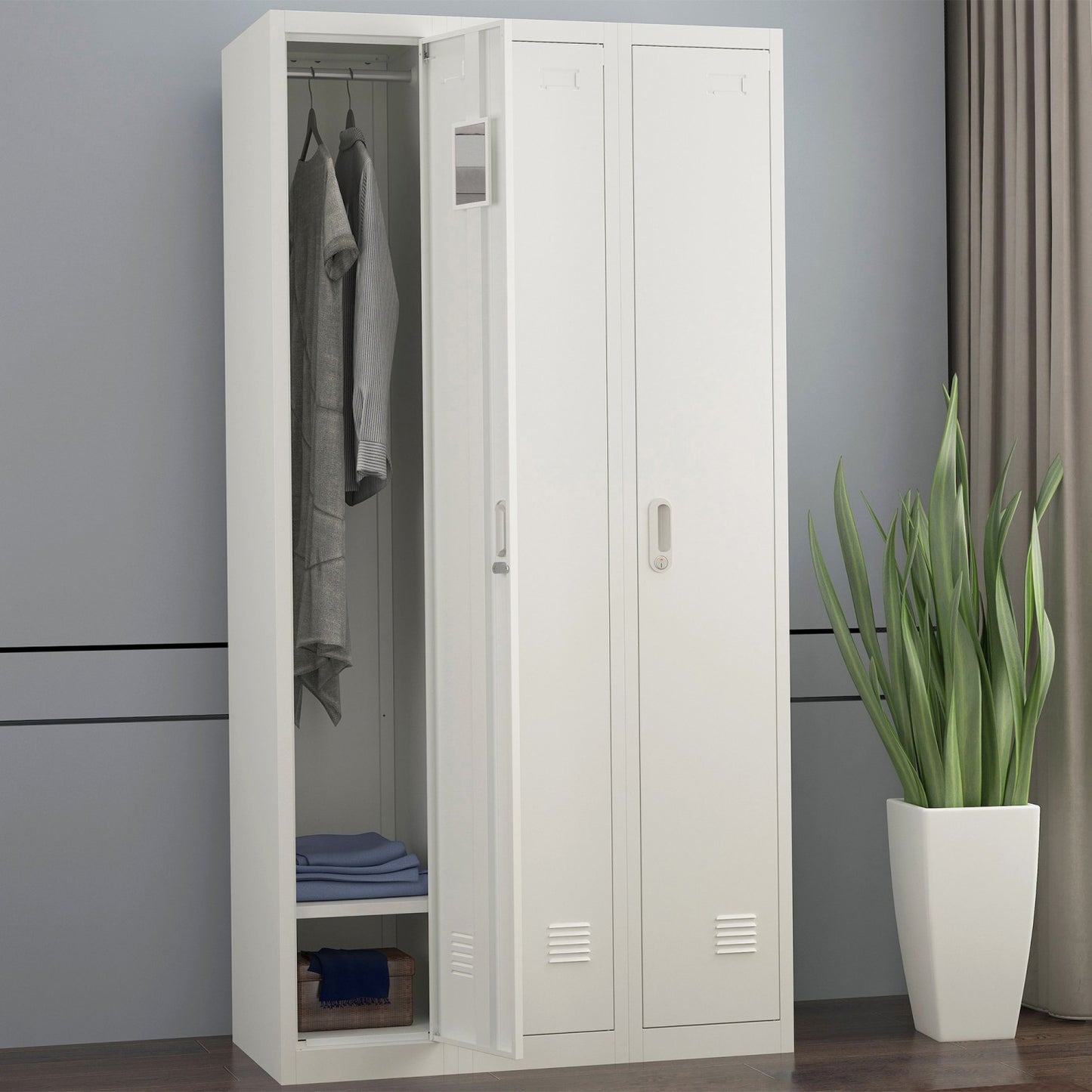 Commercial Grey Three Door Locker with Clothes Hanger, Fixed Shelf and Mirror 900x450x1800mm - LOCKER3TW