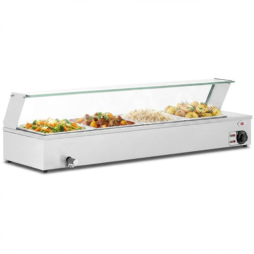 Commercial Stainless Steel Bain Marie with Glass Guard and 4 × 1/2 GN Pans & Lids 1490×375×335mm - M204