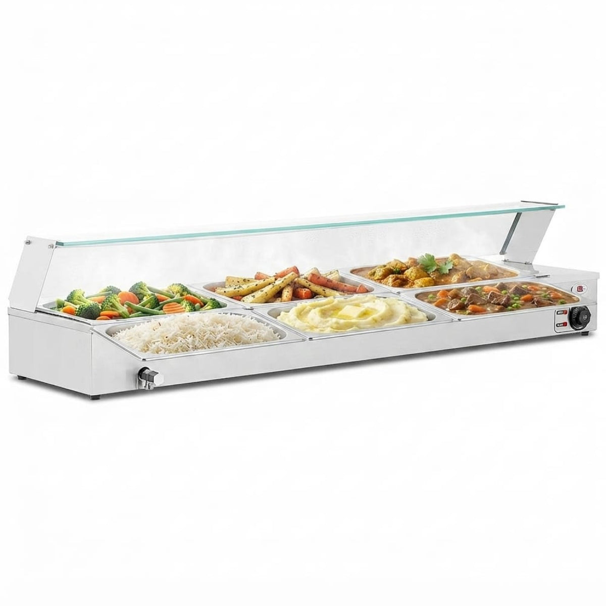 Commercial Stainless Steel Bain Marie with Glass Guard and 5 × 1/2 GN Pans & Lids 1490×375×335mm - M205