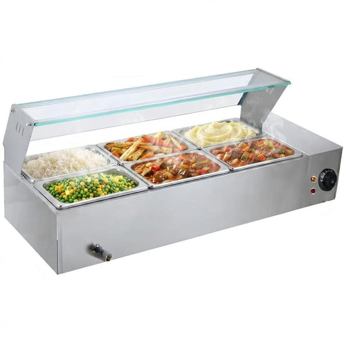 Commercial Stainless Steel Bain Marie with Glass Guard and 6 × 1/2 GN Pans & Lids 1100×570×385mm - M2223