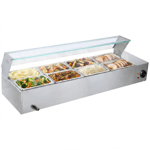 Commercial Stainless Steel Bain Marie with Glass Guard and 8 × 1/2 GN Pans & Lids 1430×570×385mm - M2224